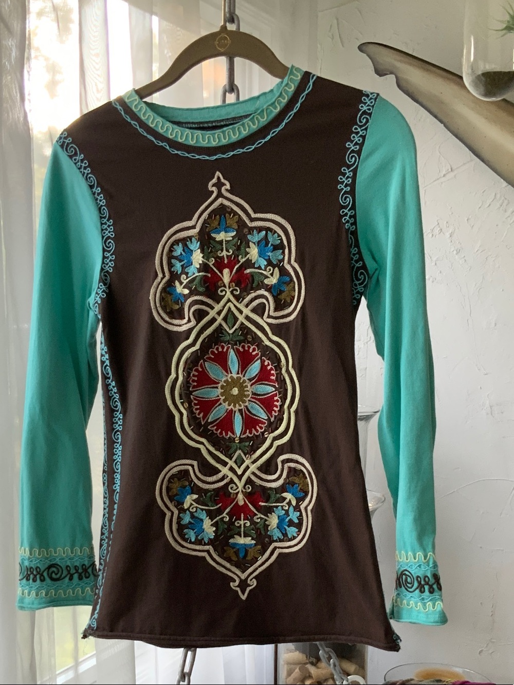 Double D Ranch Brown Tee with Turquoise Sleeves and Embroidered Medallion